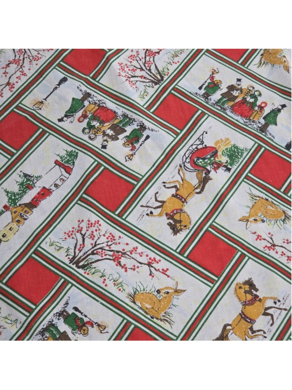 VTG Christmas Tablecloth MCM Cotton Oval 82x54 Holiday Deer Sleigh Kitsch Retro